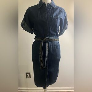 Tommy Hilfiger Dark Denim Shirt Midi Dress with Striped Waist Tie
